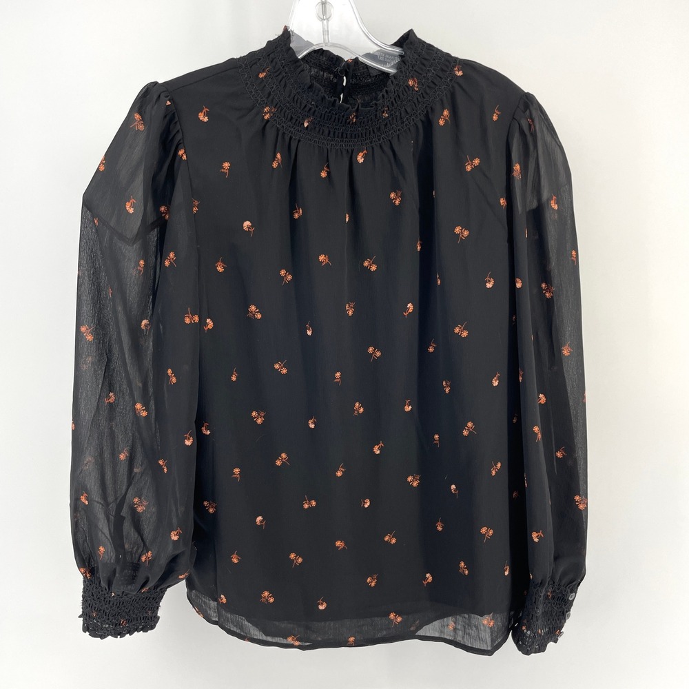 Madewell Smocked Mockneck Long Sleeve Top Black Floral Sheer Chiffon Small S‎